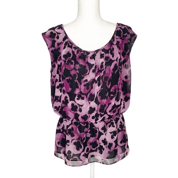LC Lauren Conrad Purple Floral Sleeveless Top Elastic Waist Beading Lined Medium - Picture 1 of 8